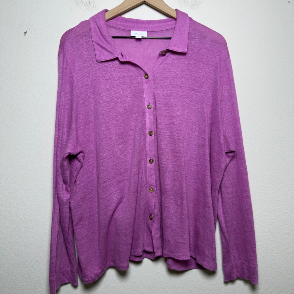 J. Jill Womens 100% Linen Button Front Top XL P Purple Button Front Long Sleeve